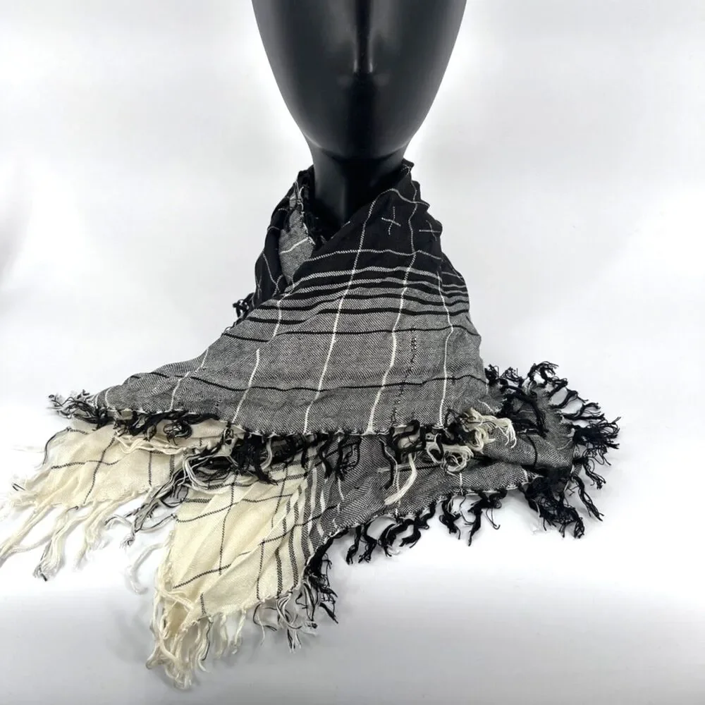 Plaid Fringed Square Fashion Scarf Wrap Black‎ & White Boho Layering Accessory